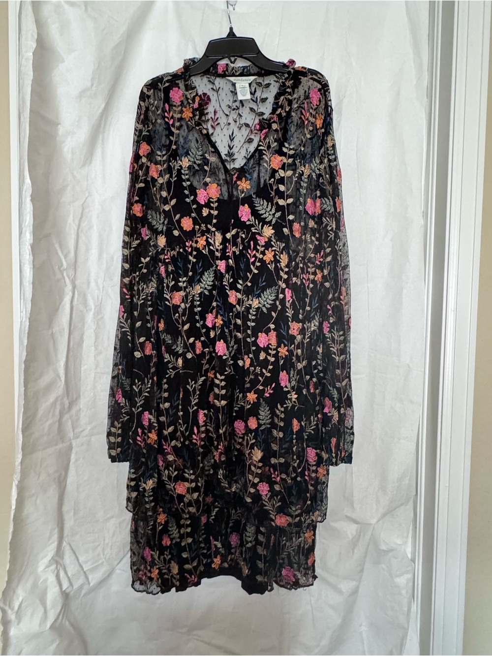 Sundance Black Sheer Mesh Dress with Pink, Orange, & Green Floral Embroidery